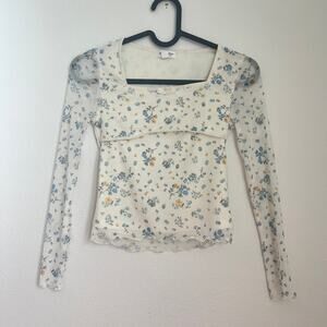 Stitch & Pine Girls Cream & Blue Floral Milkmaid-Style Top 7/8 Cottagecore Soft